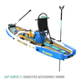 Rear angled view of the Rackham Aero 12′4″ Native Fusion Apex Inflatable Paddle Board with suggested accessories in SUP configuration