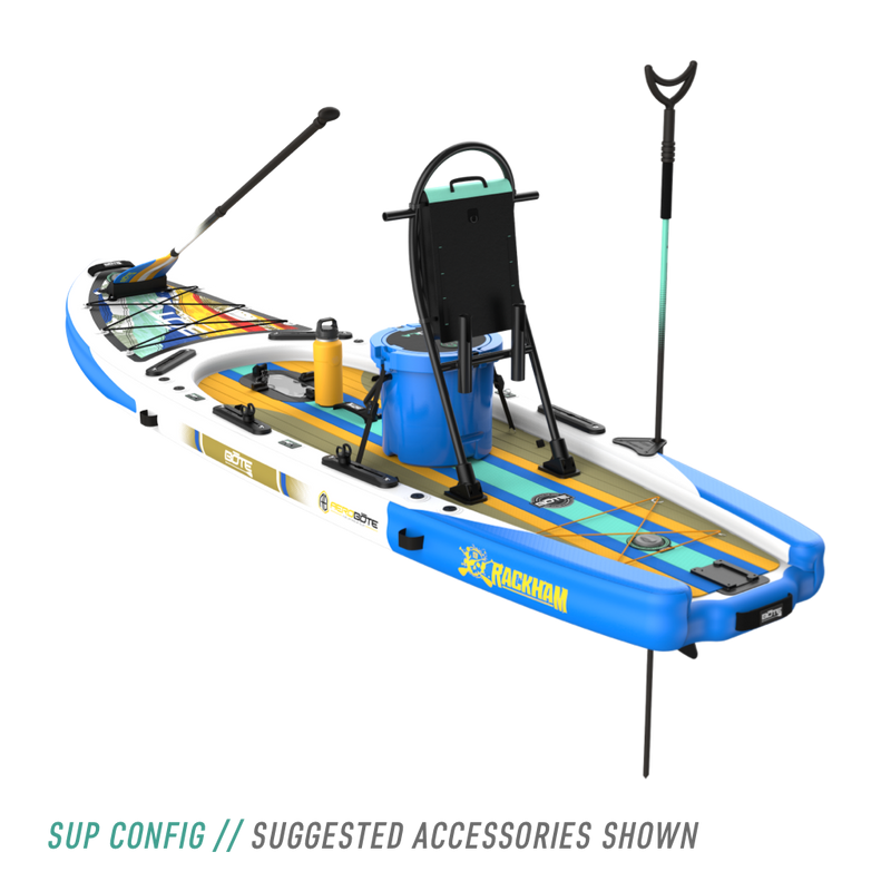 Rear angled view of the Rackham Aero 12′4″ Native Fusion Apex Inflatable Paddle Board with suggested accessories in SUP configuration