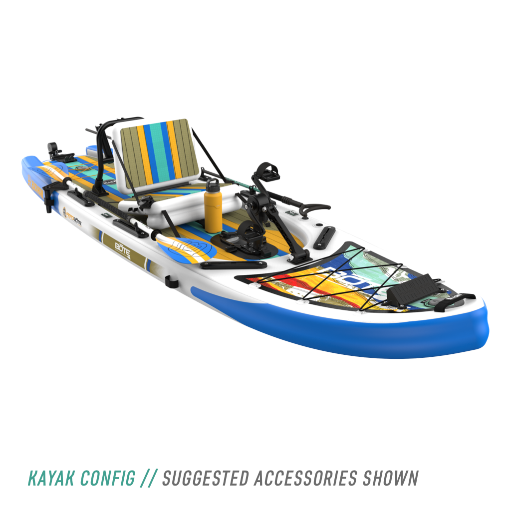 Front angled view of the Rackham Aero 12′4″ Native Fusion Apex Inflatable Paddle Board with suggested accessories in kayak configuration