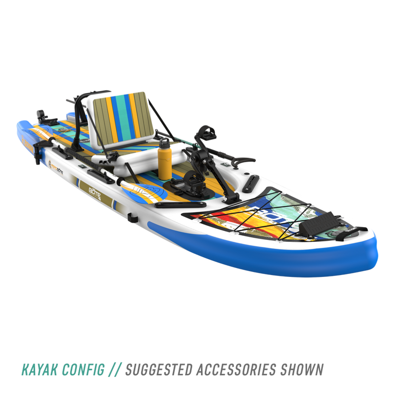 Front angled view of the Rackham Aero 12′4″ Native Fusion Apex Inflatable Paddle Board with suggested accessories in kayak configuration