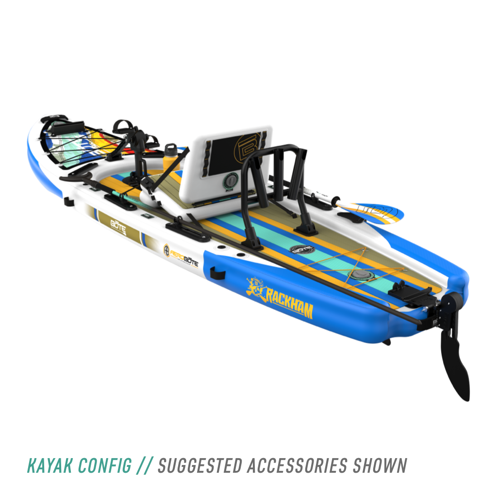 Rear angled view of the Rackham Aero 12′4″ Native Fusion Apex Inflatable Paddle Board with suggested accessories in kayak configuration
