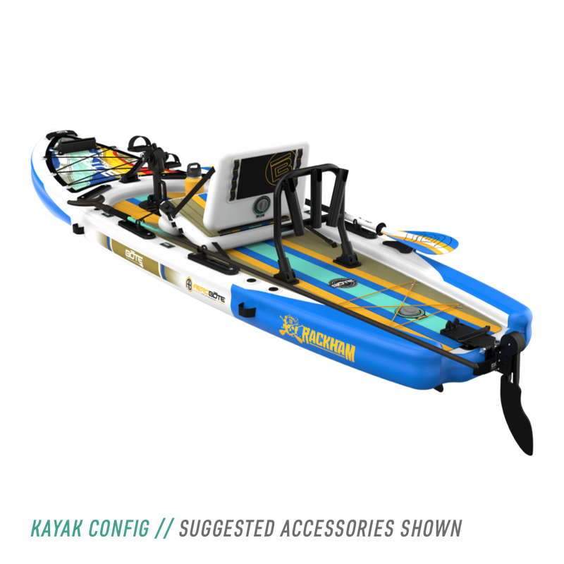 Rear angled view of the Rackham Aero 12′4″ Native Fusion Apex Inflatable Paddle Board with suggested accessories in kayak configuration