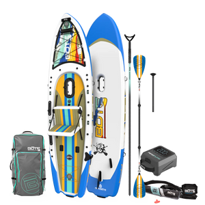 Top and bottom view of Rackham Aero in Native Fusion shown with carry bag and accessories.