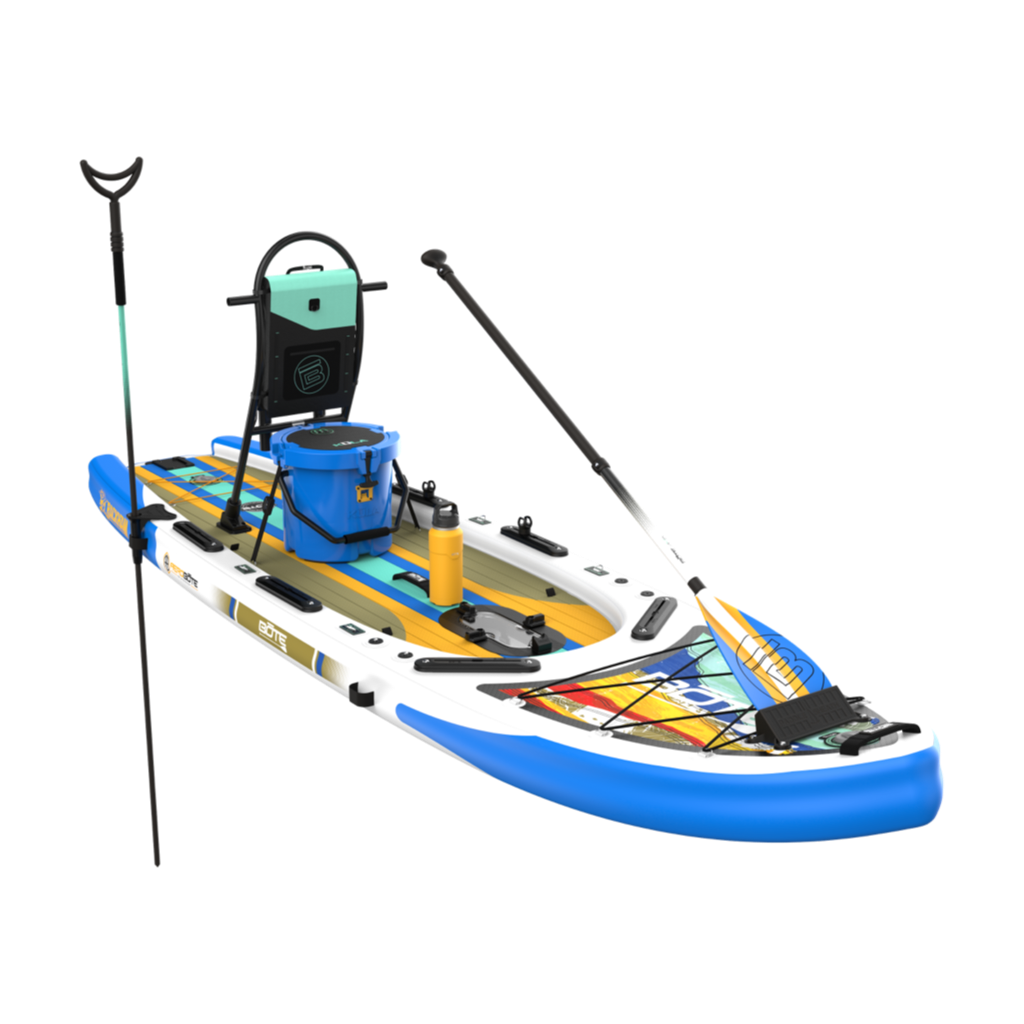 Front angled view of the Rackham Aero 12′4″ Native Fusion Apex Inflatable Paddle Board Package