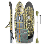 Top, side and bottom of the Rackham Aero 12′4″ Verge Camo Inflatable Paddle Board with paddle and bag