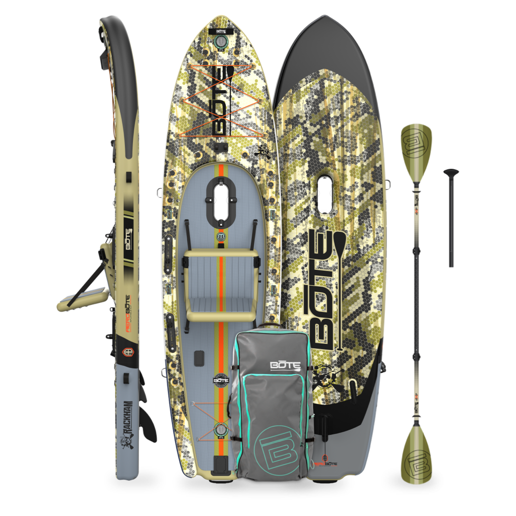 Top, side and bottom of the Rackham Aero 12′4″ Verge Camo Inflatable Paddle Board with paddle and bag