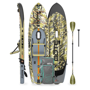 Top, side and bottom of the Rackham Aero 12′4″ Verge Camo Inflatable Paddle Board with paddle and bag