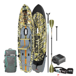 Top and bottom view of Rackham Aero in Verge Camo shown with carry bag and accessories.