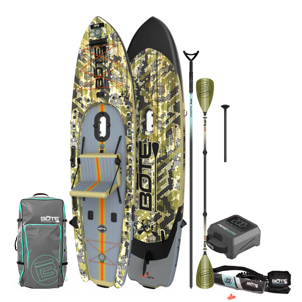 Top and bottom view of Rackham Aero in Verge Camo shown with carry bag and accessories.