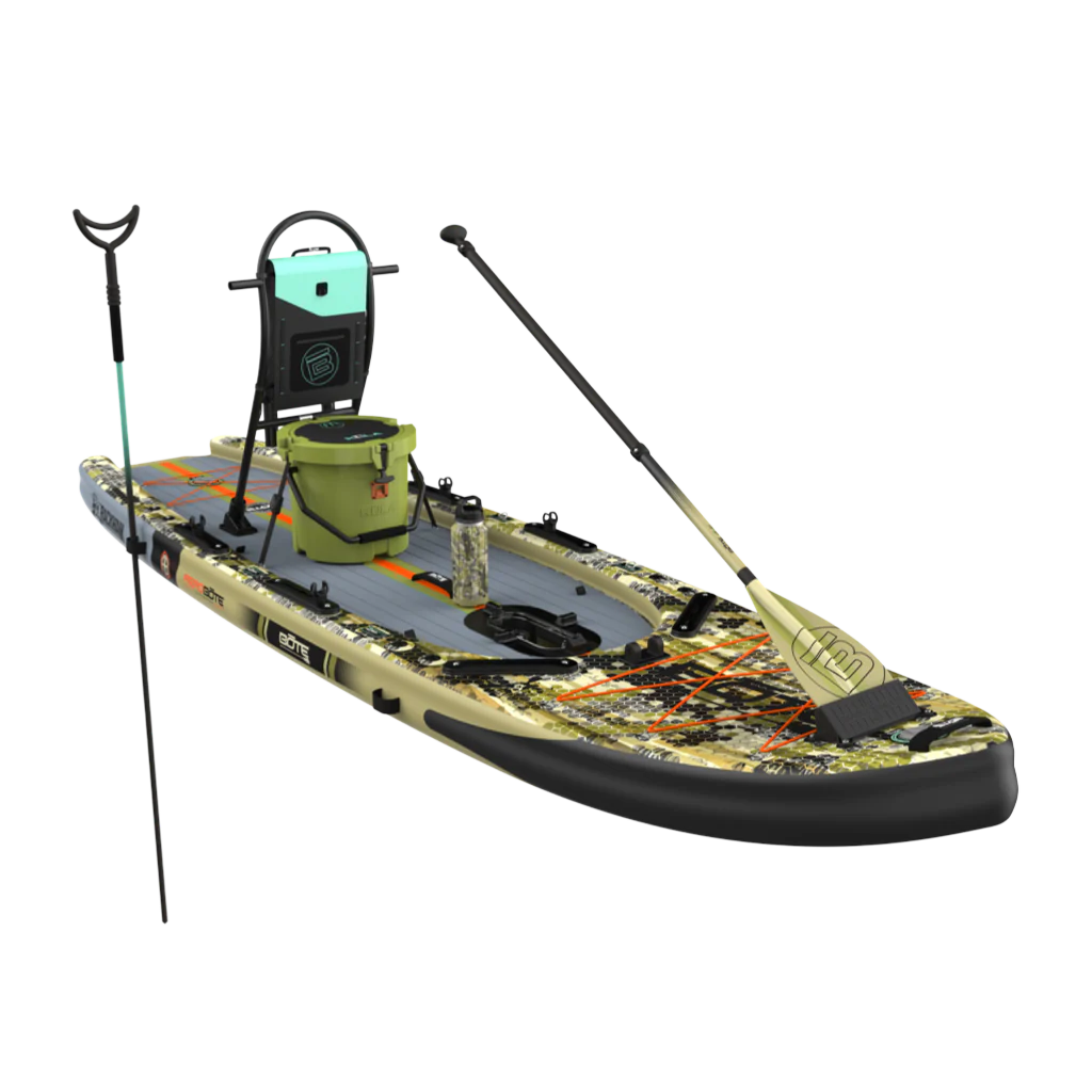 Front angled view of the Rackham Aero 12′4″ Verge Camo Inflatable Paddle Board Package