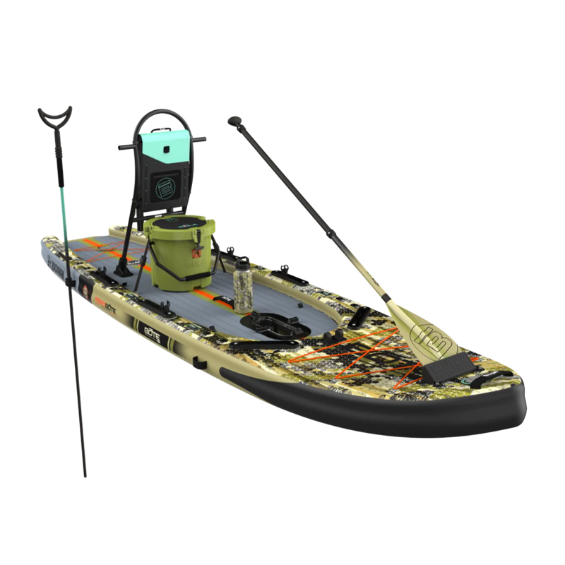 Front angled view of the Rackham Aero 12′4″ Verge Camo Inflatable Paddle Board Package