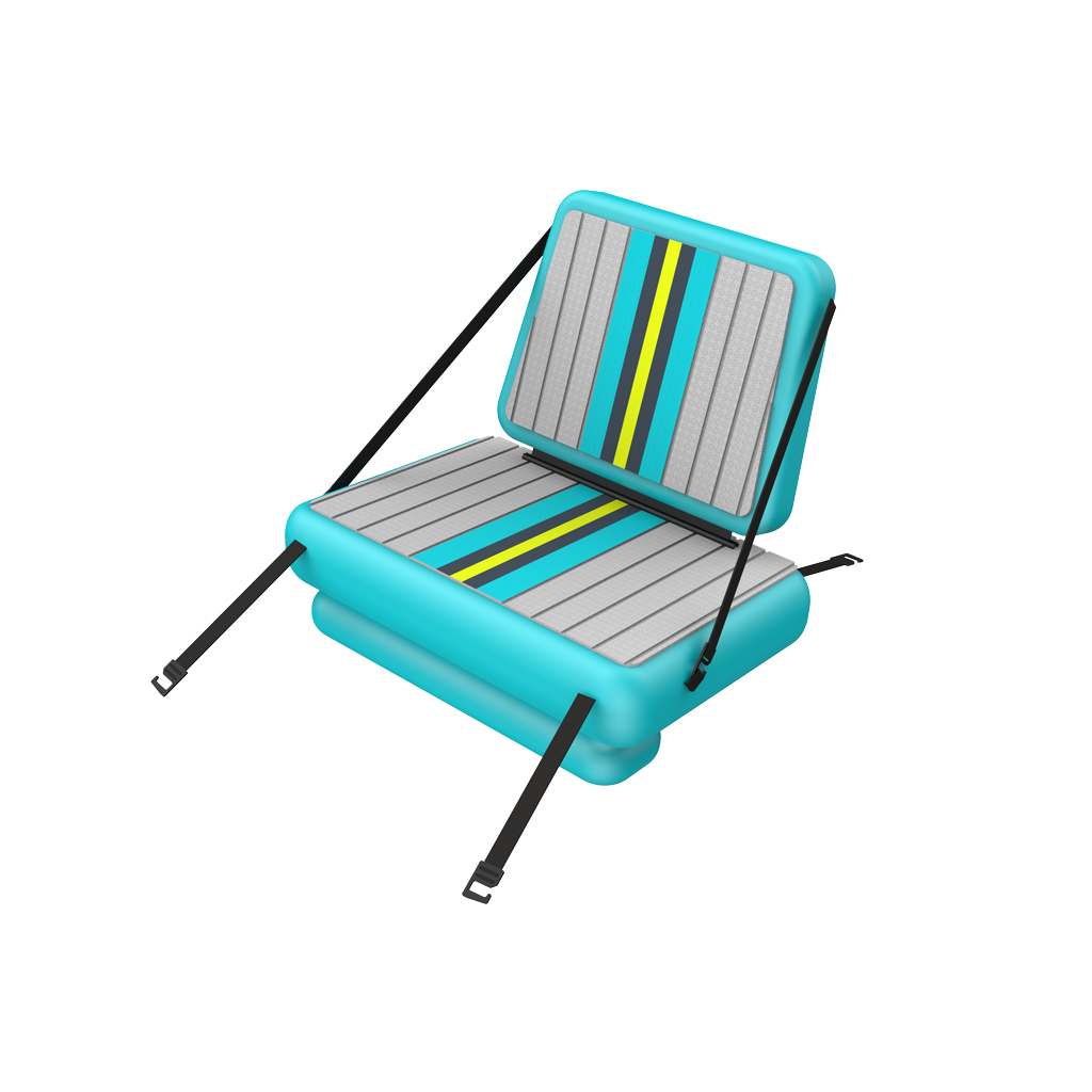 Front view of LONO Bug Slinger Seat Replacement with black straps, bright blue sides and a gray padded top on the seat.