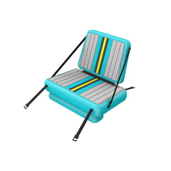 Front view of LONO Bug Slinger Seat Replacement with black straps, bright blue sides and a gray padded top on the seat.