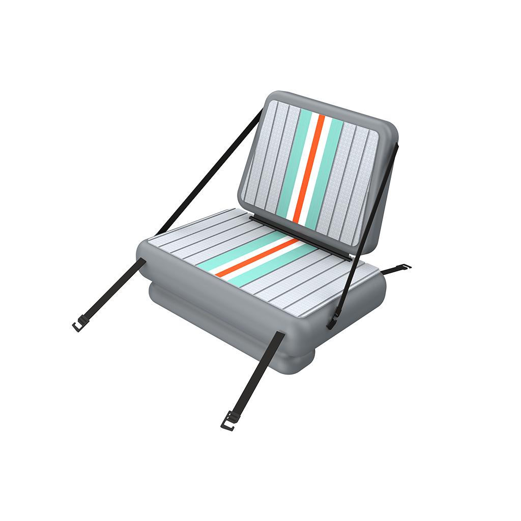 Front view of LONO Classic Seat Replacement with black straps, bright blue sides and a brown padded top on the seat.