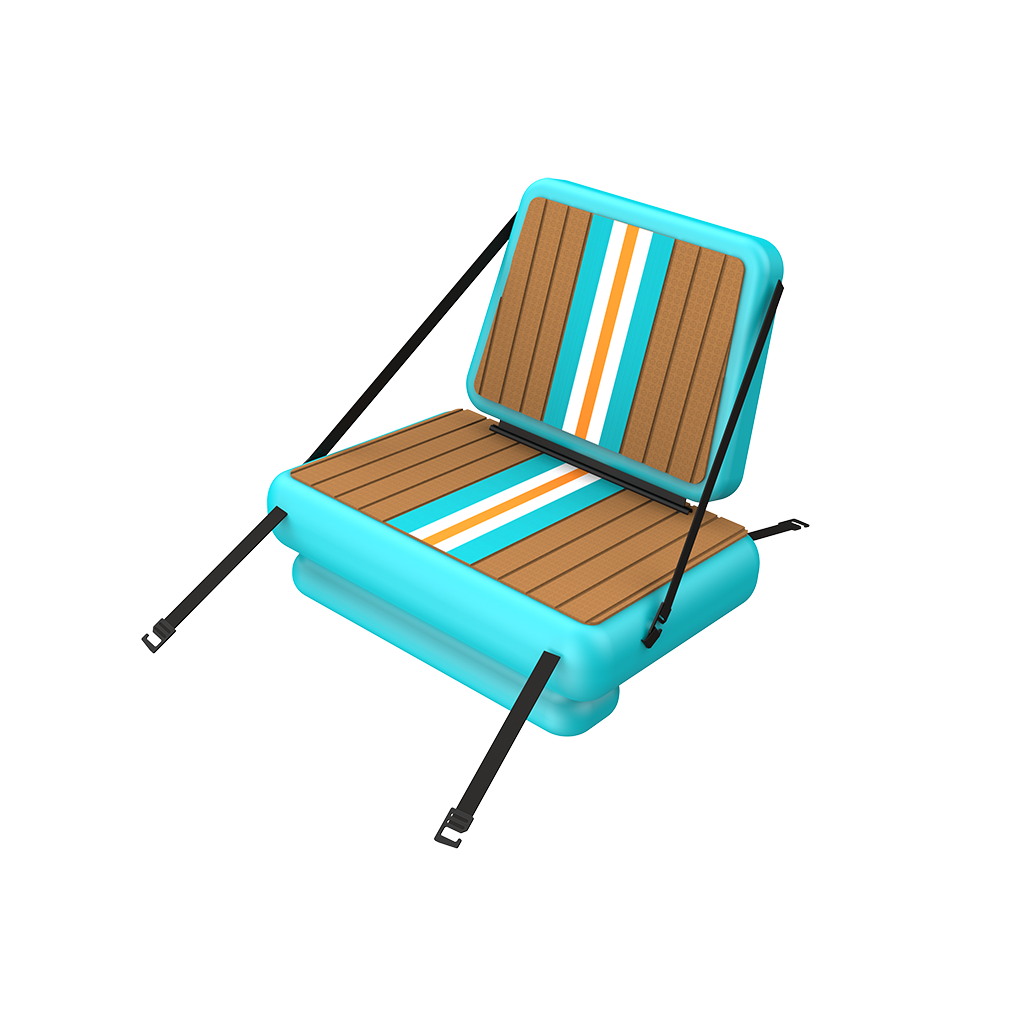 Front view of LONO Native Seat Replacement with black straps, bright blue sides and a brown padded top on the seat.