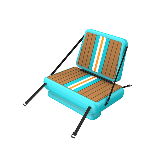 Front view of LONO Native Seat Replacement with black straps, bright blue sides and a brown padded top on the seat.