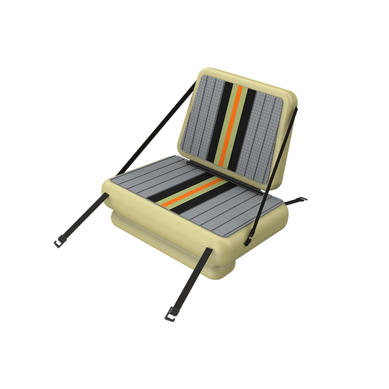 Angled view of the LONO Apex Aero 12'6" Verge Camo 22 seat replacement with backrest and straps.