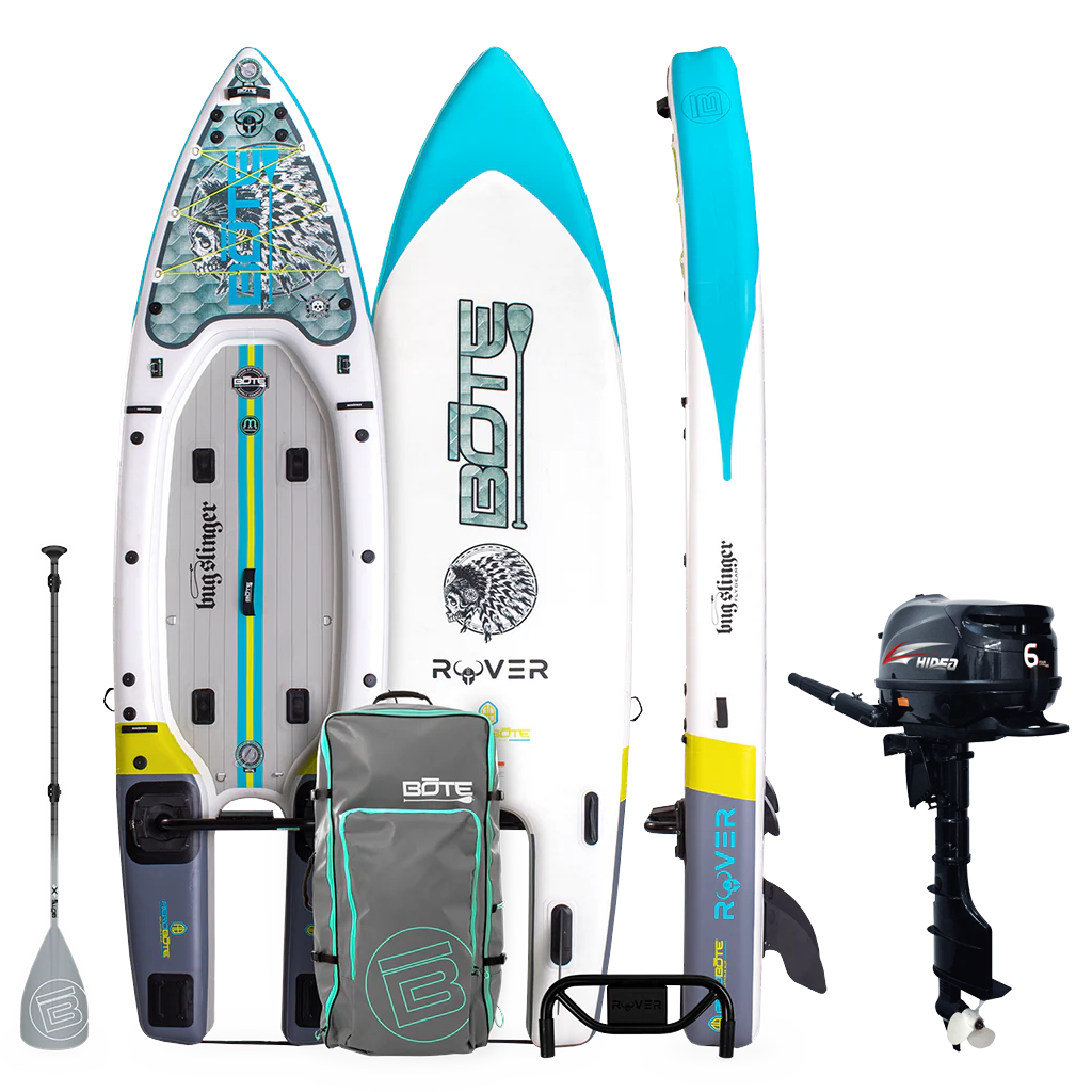 Rover Aero Holiday Package in Bugslinger colorway showing full kit with paddle, carry bag, and motor.