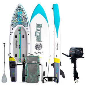 Rover Aero Holiday Package in Bugslinger colorway showing full kit with paddle, carry bag, and motor.