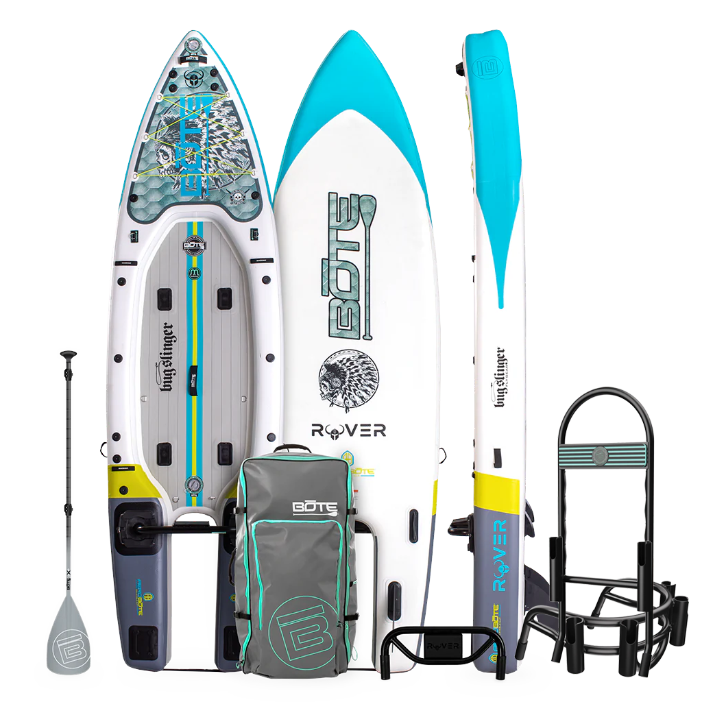 Top and base view of Rover Aero 12'6" Bug Slinger Silver King inflatable micro skiff and accessories.