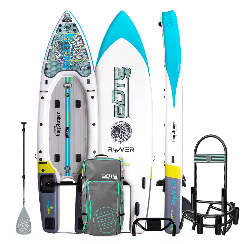 Top and base view of Rover Aero 12'6" Bug Slinger Silver King inflatable micro skiff and accessories.