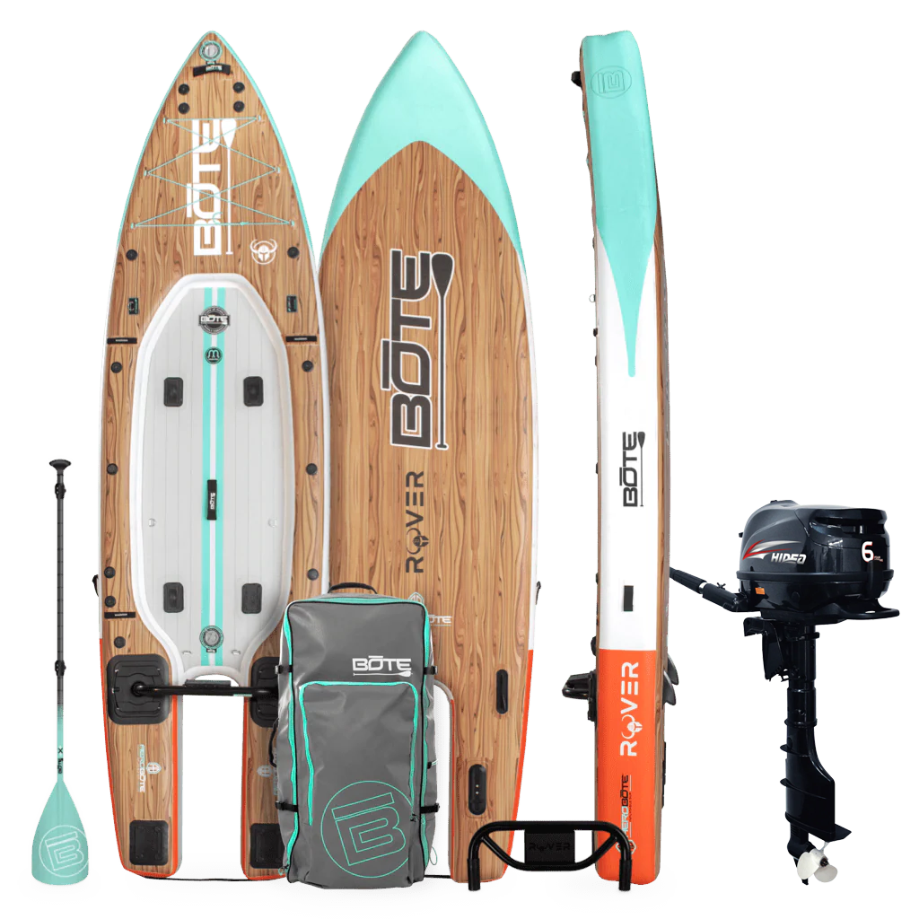 Rover Aero Holiday Package showing top, bottom, side views with paddle, bag, and outboard motor included.