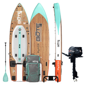 Rover Aero Holiday Package showing top, bottom, side views with paddle, bag, and outboard motor included.