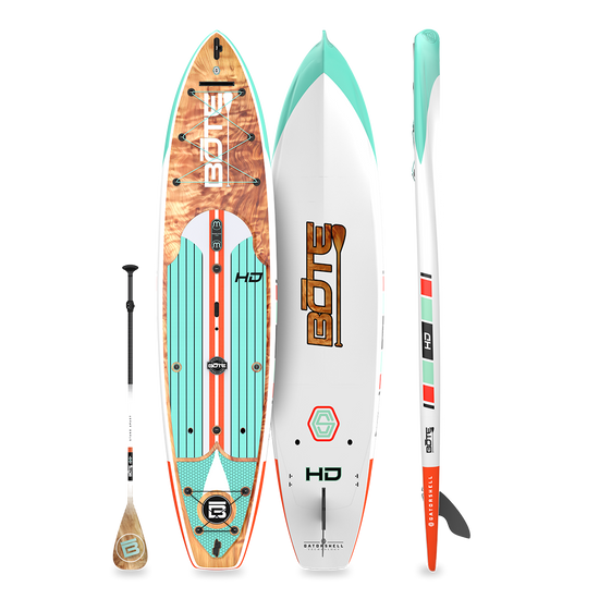 Top and bottom view of HD Gatorshell paddle board in Classic Cedar colorway with paddle.