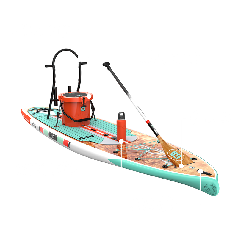 Angled view of HD Gatorshell paddle board with feature callouts, cooler, and paddle.