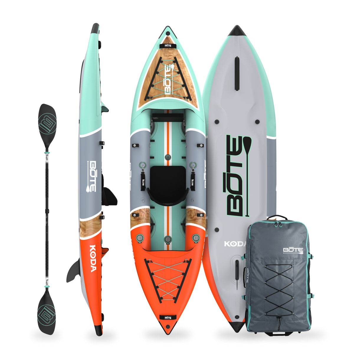 Koda Aero shown in top, bottom, and side views with paddle and carry bag included.