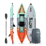 Koda Aero shown in top, bottom, and side views with paddle and carry bag included.