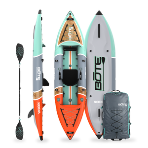 Koda Aero shown in top, bottom, and side views with paddle and carry bag included.