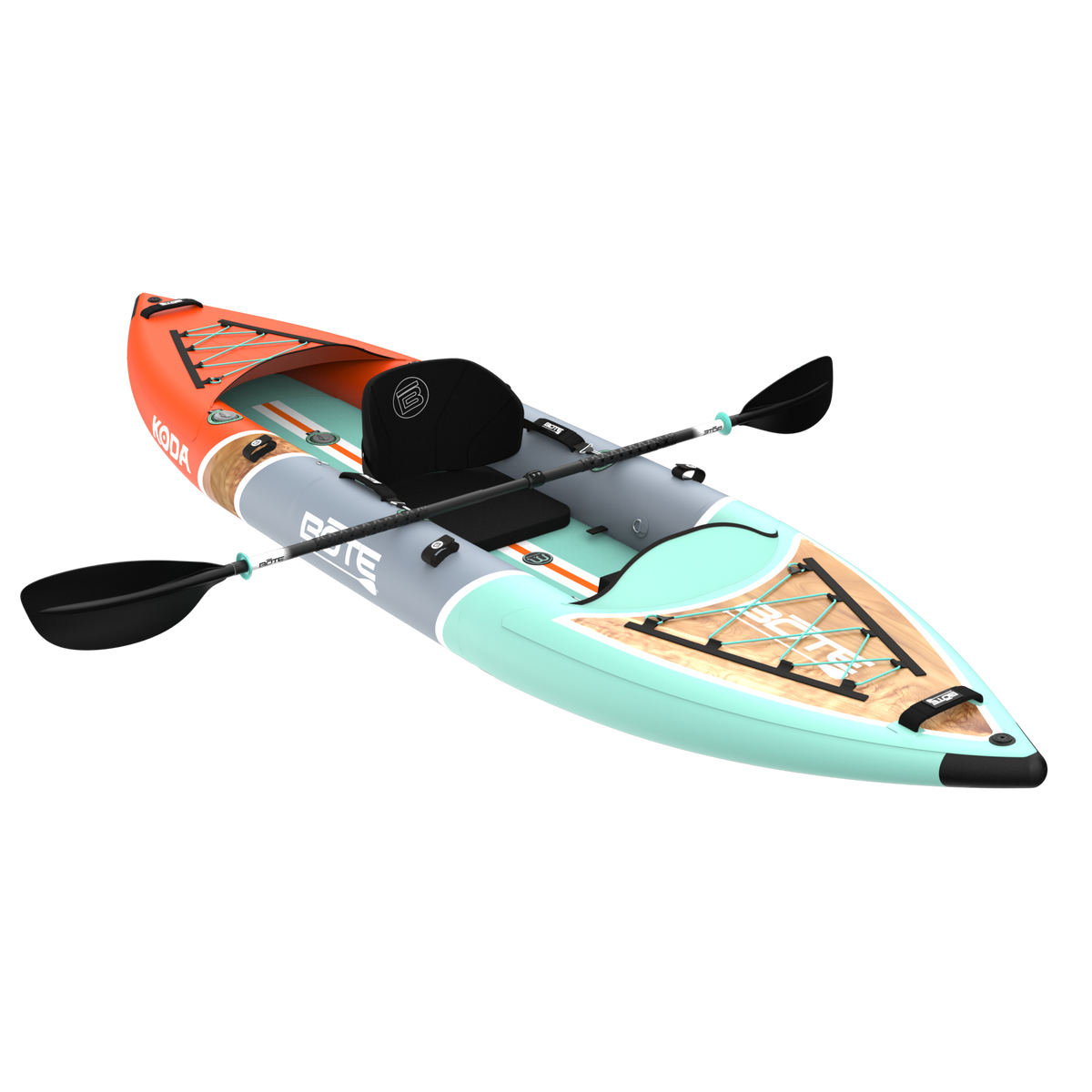 Angled front view of the Koda Aero showing bow bungee storage and wood-grain deck pad.