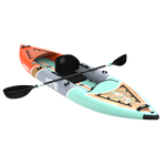 Angled front view of the Koda Aero showing bow bungee storage and wood-grain deck pad.