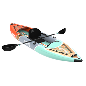 Angled front view of the Koda Aero showing bow bungee storage and wood-grain deck pad.