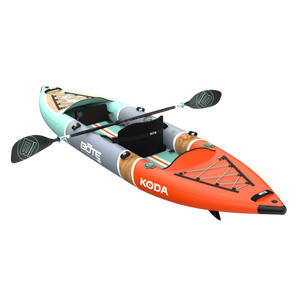 Angled rear view of the Koda Aero showing stern bungee storage and inflatable side rails.