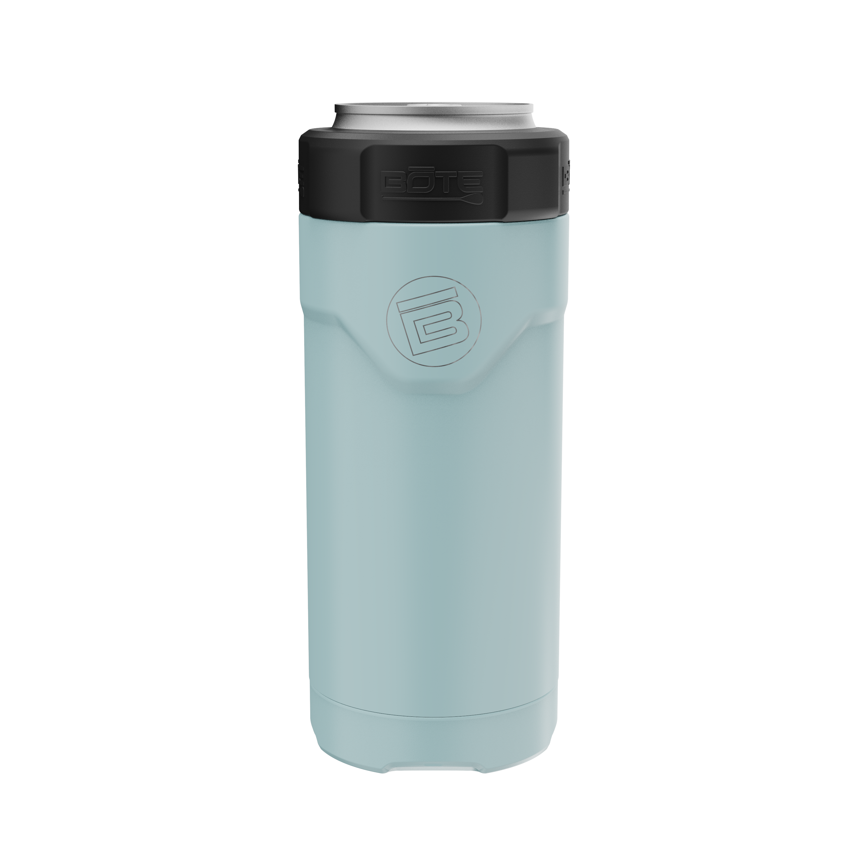 A direct front view of the MAGNEChill Can Cooler Slim Steel Blue, highlighting its main design and branding elements.