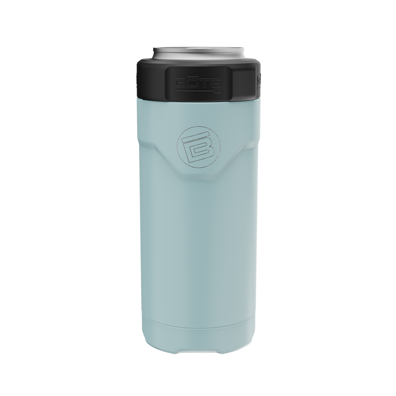 A direct front view of the MAGNEChill Can Cooler Slim Steel Blue, highlighting its main design and branding elements.
