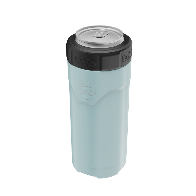 A detailed image of the MAGNEChill Can Cooler Slim Steel Blue, showing its design and key features.