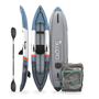 Inflatable kayak with paddle and carrying bag on a white background