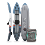 Inflatable paddle boards and a carrying bag with BOTE branding on a white background