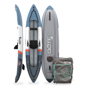 Inflatable paddle boards and a carrying bag with BOTE branding on a white background