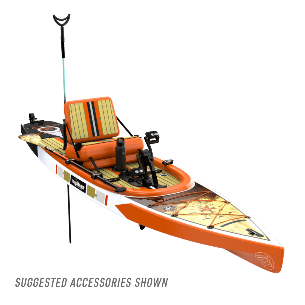 Front view of the Rackham 14′ Bug Slinger® Backwater Paddle Board with pedal drive and other accessories
