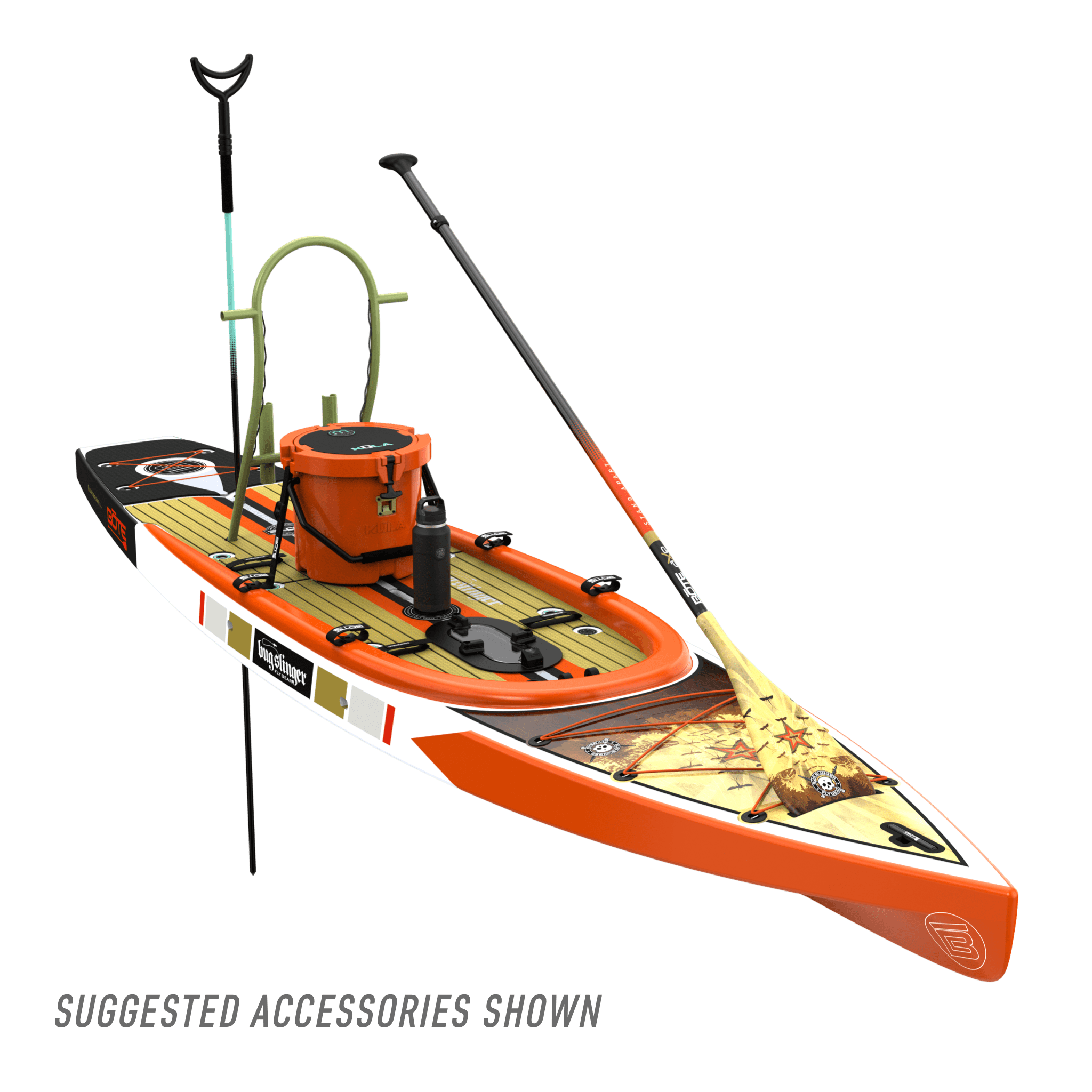 Front view of the Rackham 14′ Bug Slinger® Backwater Paddle Board with accessories