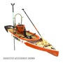 Front view of the Rackham 14′ Bug Slinger® Backwater Paddle Board with accessories