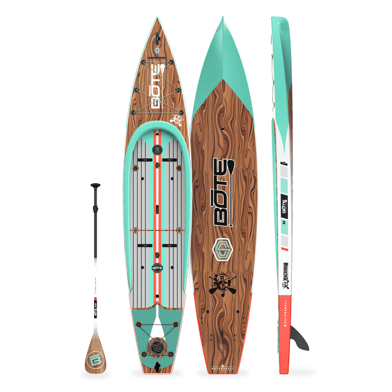 Top, side, and bottom view of the Rackham 14′ Classic Mangrove Paddle Board with paddle