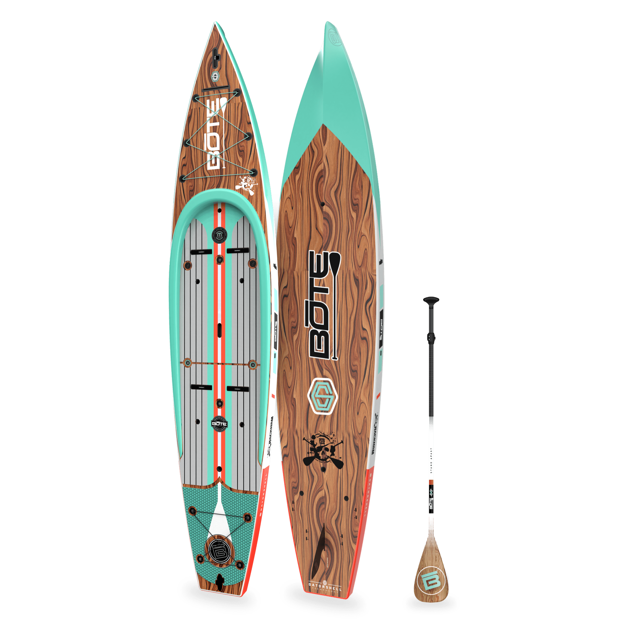 Top and bottom angled view of the Rackham 14′ Classic Mangrove Paddle Board with paddle