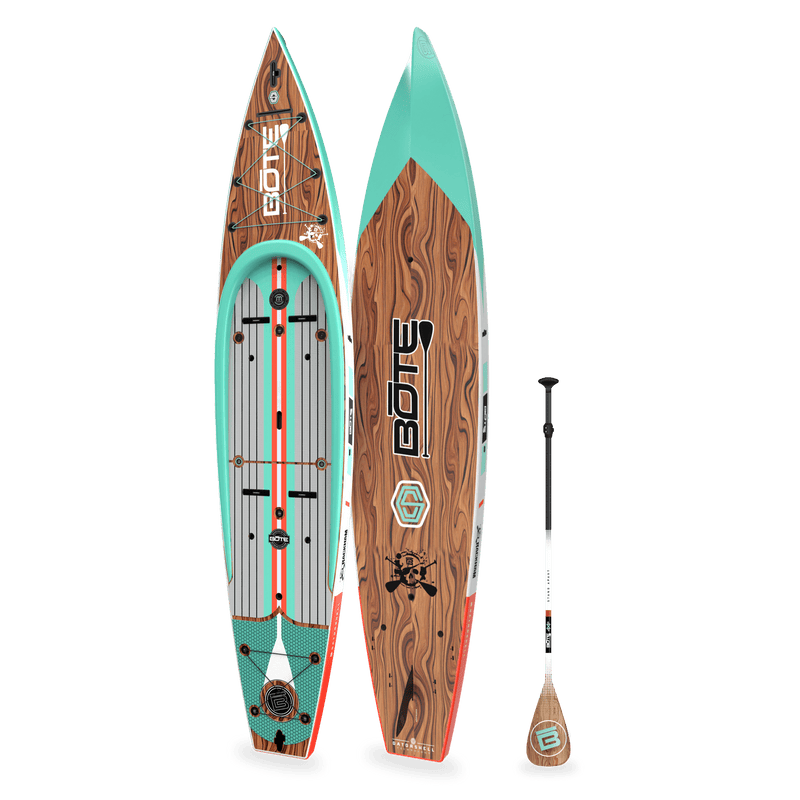 Top and bottom angled view of the Rackham 14′ Classic Mangrove Paddle Board with paddle
