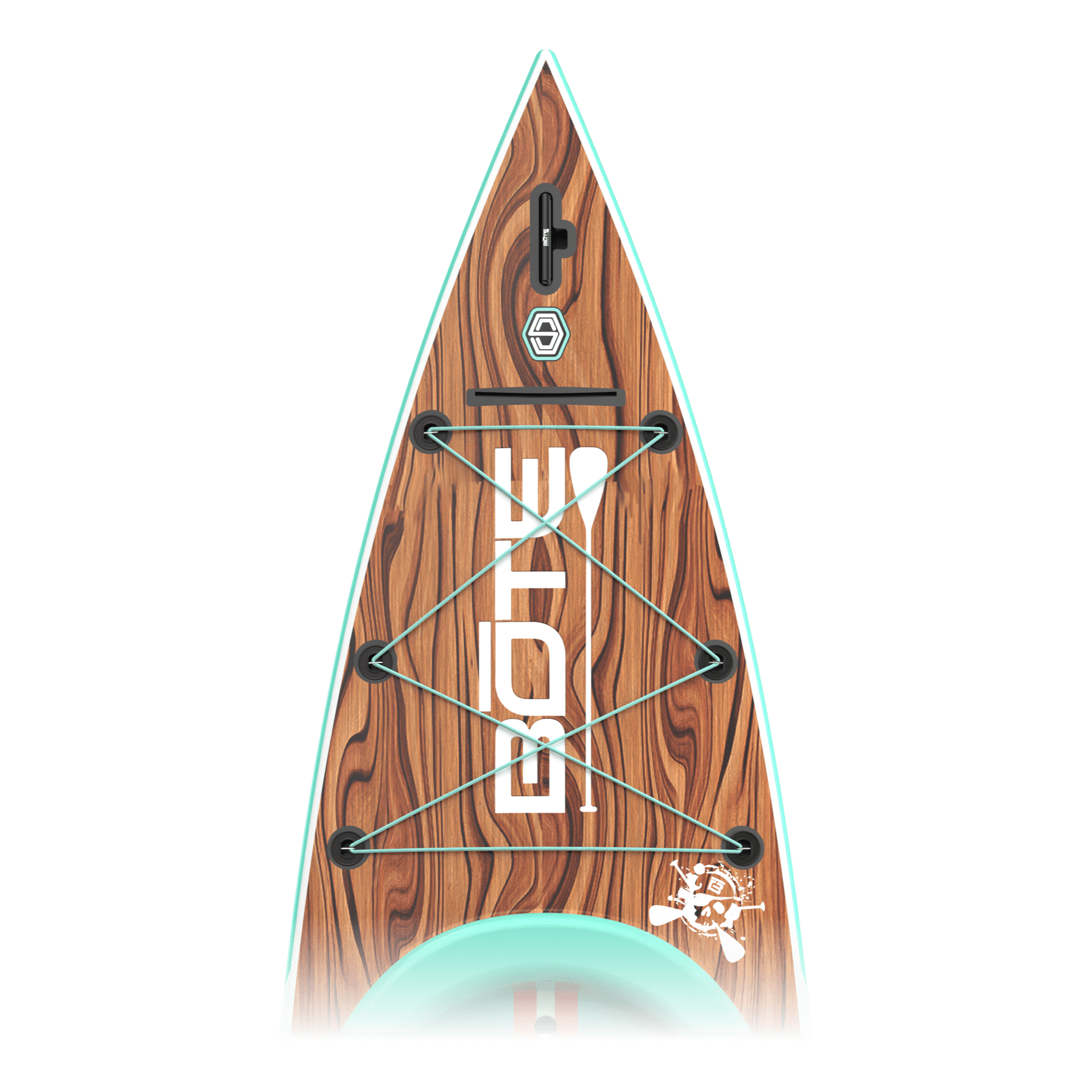 Zoomed in view of the nose area of the Rackham 14′ Classic Mangrove Paddle Board with paddle