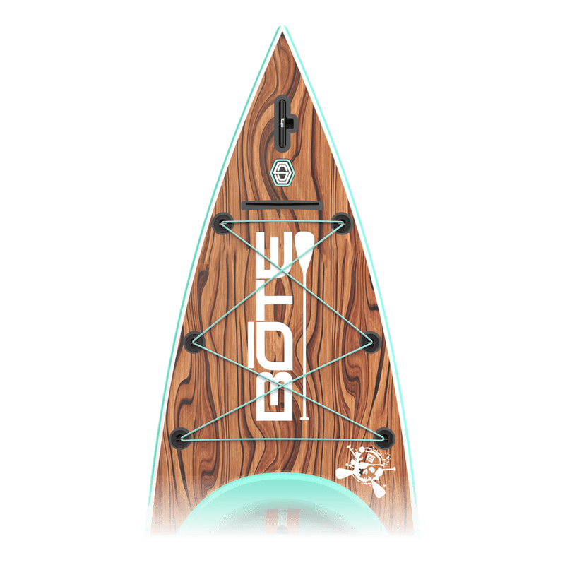 Zoomed in view of the nose area of the Rackham 14′ Classic Mangrove Paddle Board with paddle